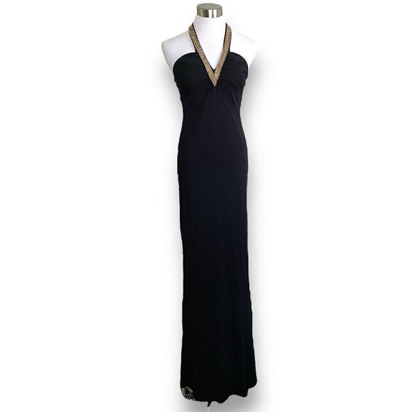 Y2K Vintage Prom Gown Sz P Petite Black Halter Rhinestone Halter Maxi Dress - Picture 7 of 12